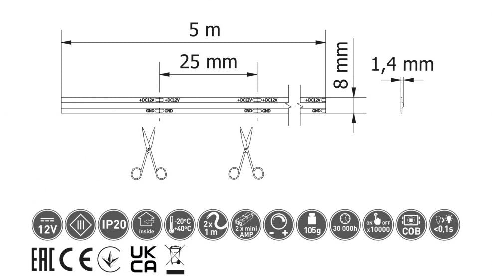 Led Stripe COB 12V 480/M 10W/M Nøytral Hvit 4000K 5M